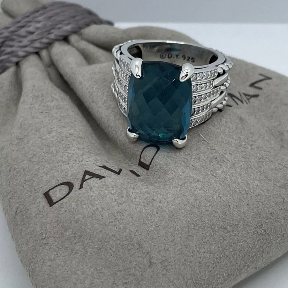 David Yurman 925 Silver Tides 16x12mm Hampton Blue Topaz/Diamond ring, Size 8.